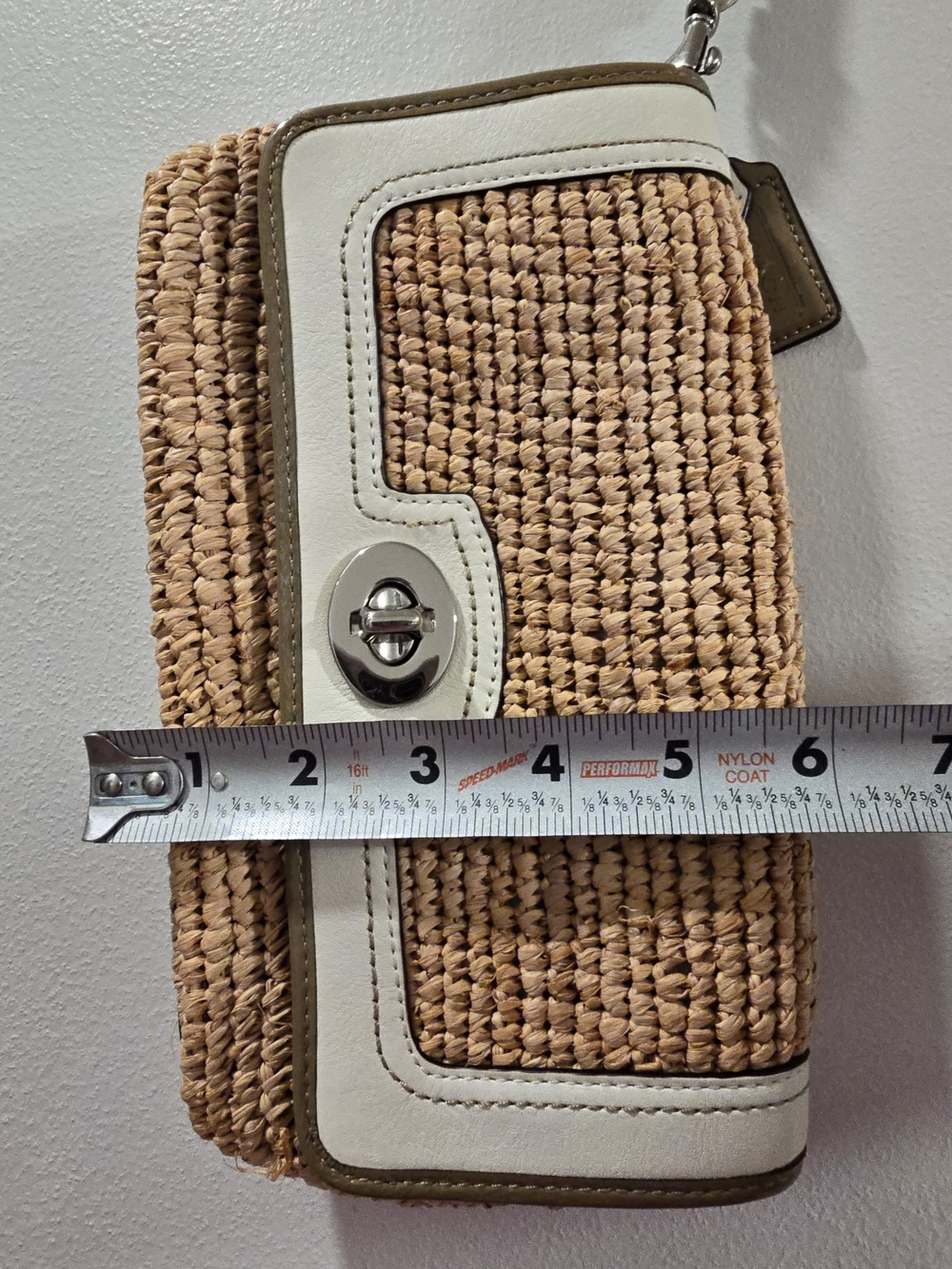 Coach Beige Straw Wristlet with White and Olive Trim - Picture 3 of 6